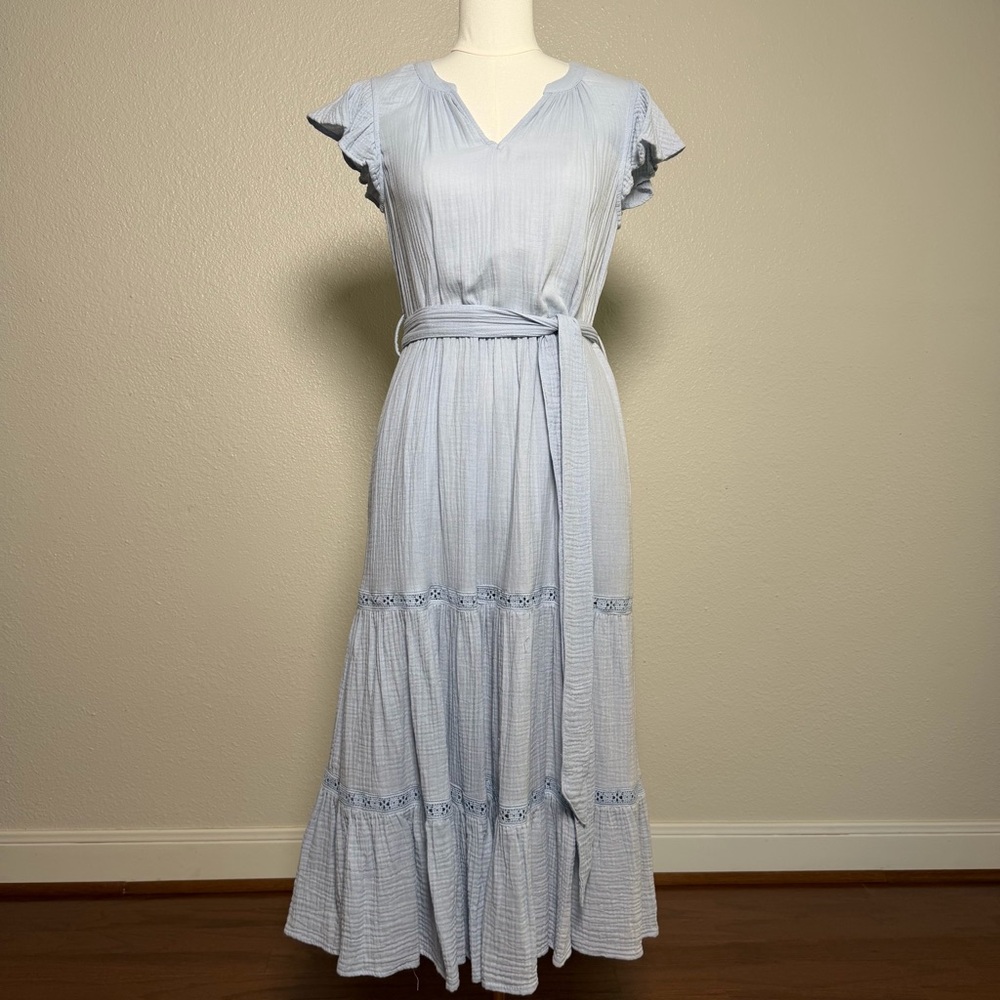 Light Blue Tiered Midi Dress Flutter Sleeve with Eyelet Detail (S)